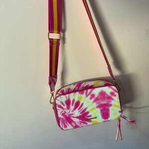 Pink and yellow tie die purse with pink and yellow crossbody strap